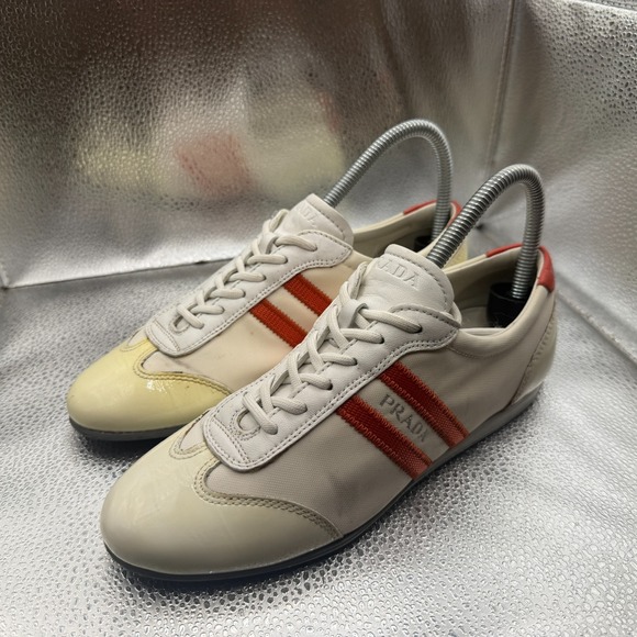 Size EU 36 Prada Cream Red Stripe Mens Canvas Suede Leather Low Top Sneakers - Picture 5 of 10